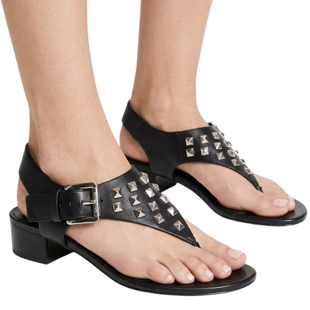 Michael Kors Black Studded Valencia Thong Block Low Block Heel Sandals Size 5.5